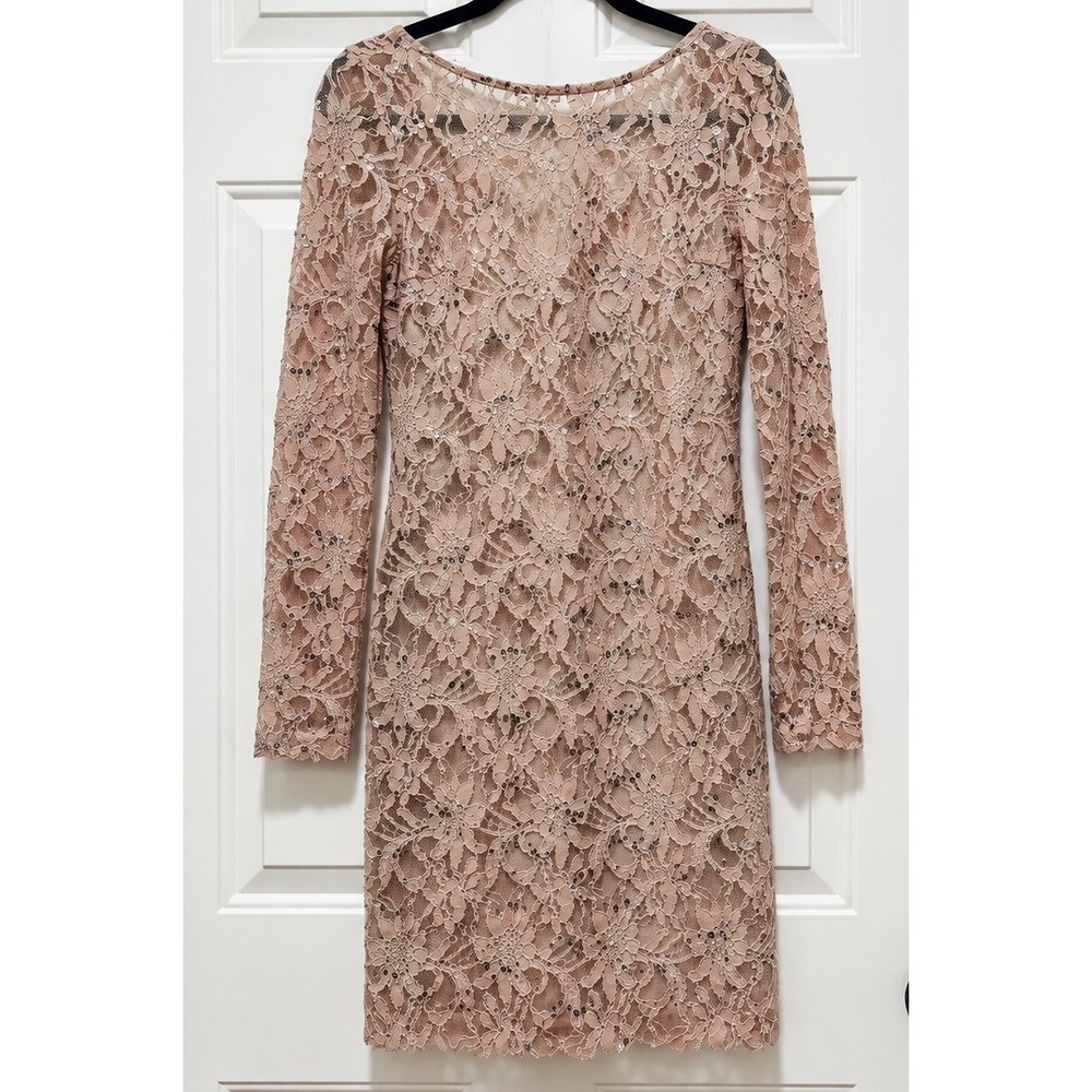 JS Collections Women 4 Blush Pink Sequin Lace Sheath Dress Long Sleeve V-Back